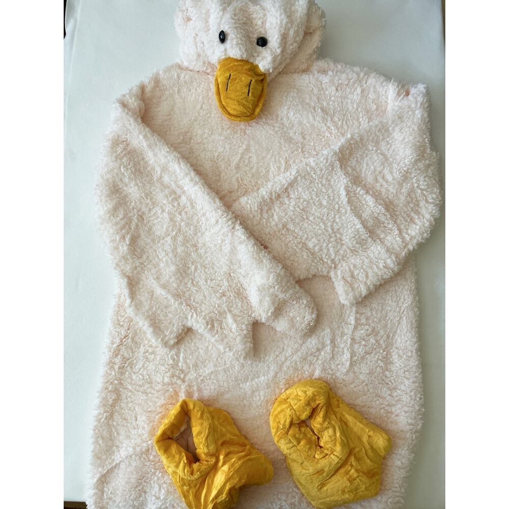Fashion Duck Costume Adult L Cream Fleece Hooded One Piece Halloween Outfit New